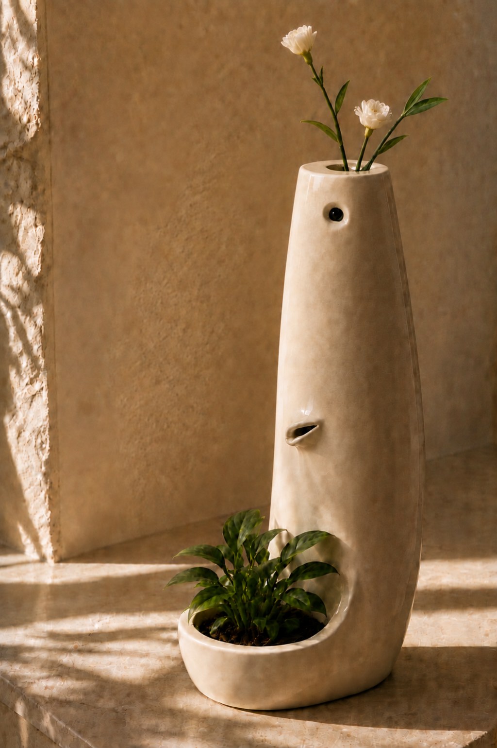 Rill ceramic vase holding cut flowers above an integrated planter with a living green plant