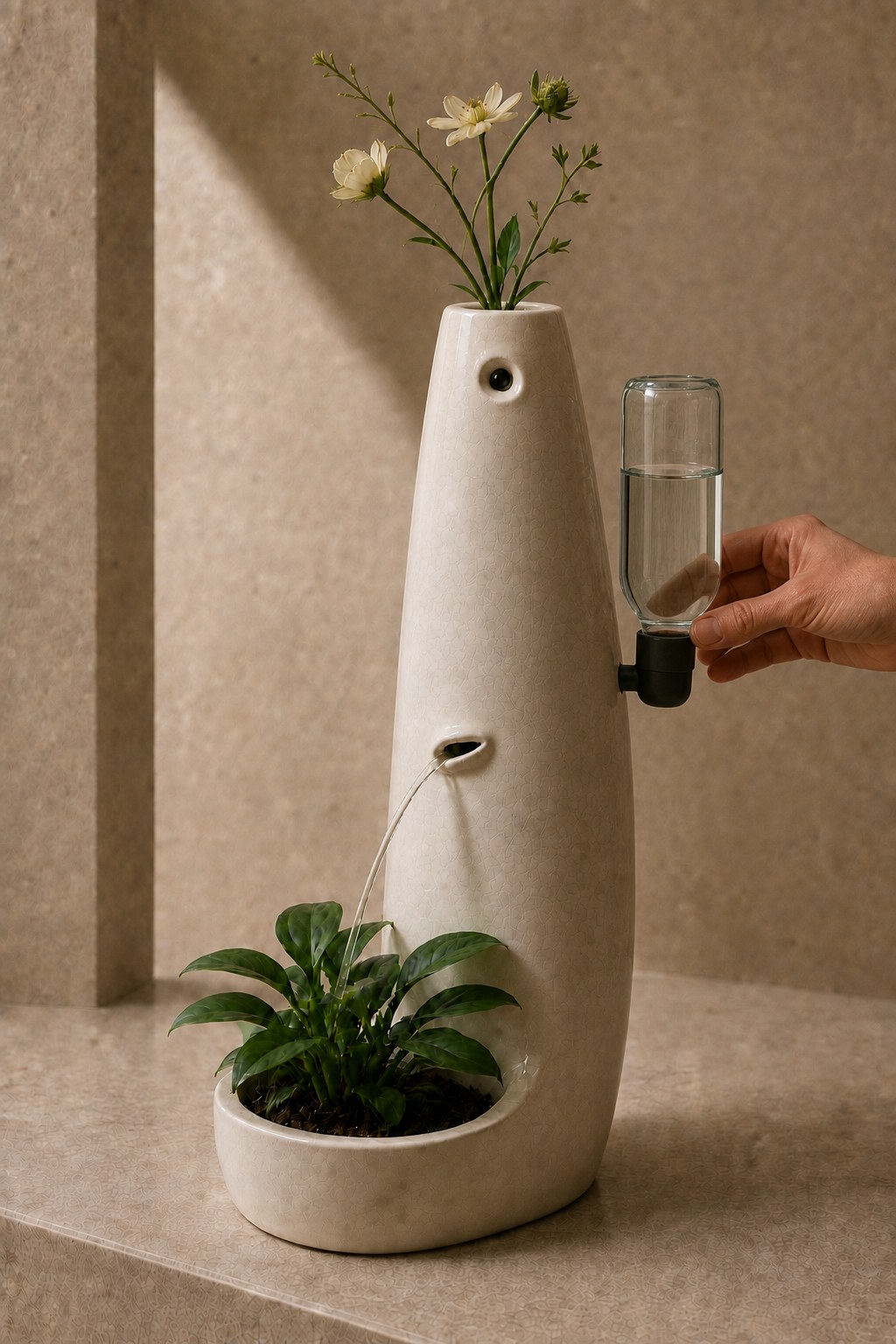 Rill with cut flowers above and a living plant below while water flows into the lower planter